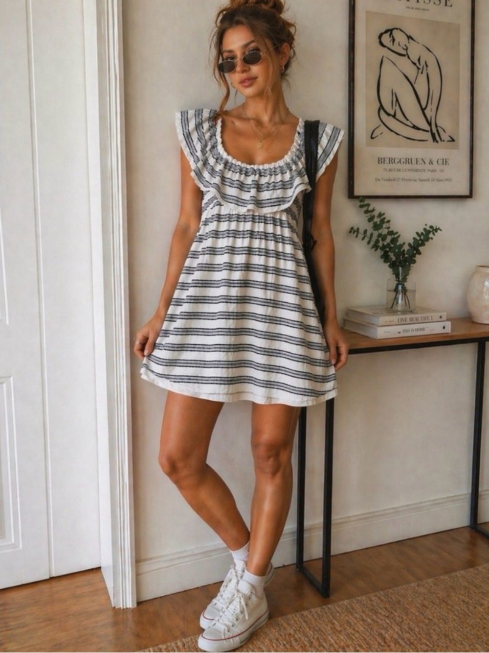 White Navy Black Ruffle Mini Dress M Size